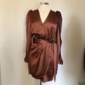 Bronze Satin Mini Wrap Dress – Luxe & Flattering